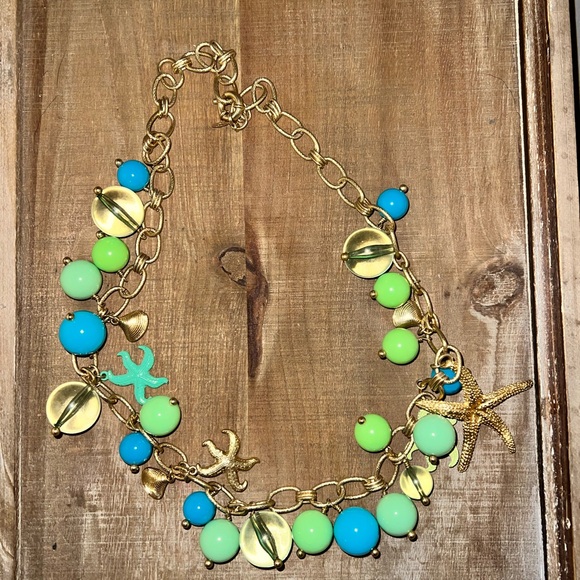 J Crew Bubble Chunky Starfish Green Blue Charm Gold Tone Adj. Necklace 30" - Picture 2 of 7